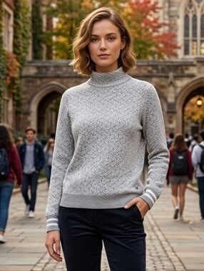 Tommy Hilfiger Womens Preppy Grey Monogram Mock Neck Sweater – Size Large